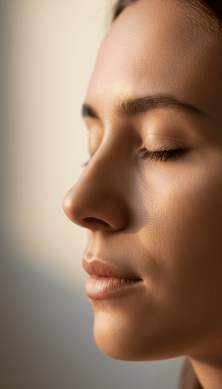 Close-up portrait of person with eyes closed in serene, contemplative expression reflecting peaceful self-awareness