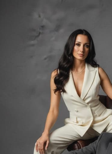 Woman with long dark hair wearing a white sleeveless suit against a textured grey background.